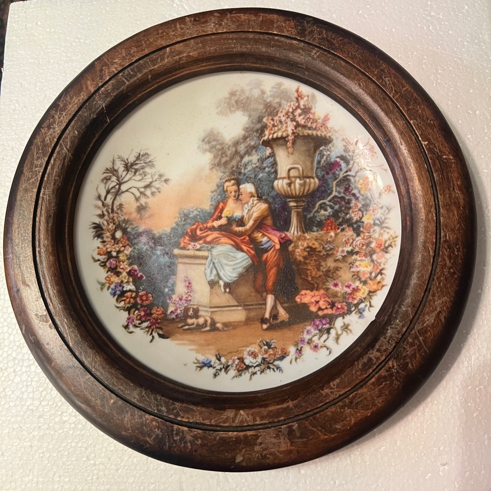 Vintage Victorian Courting Couple in the Garden porcelain plate with wood frame
